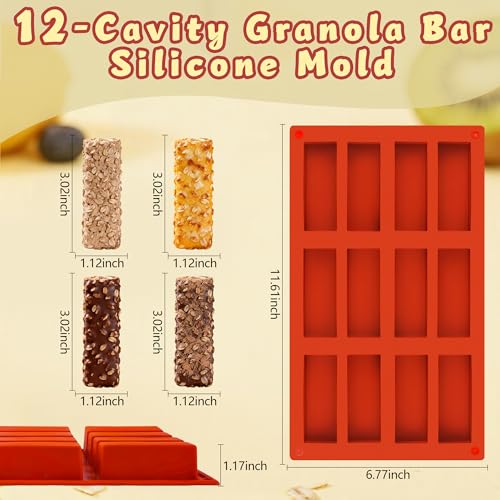 3Pcs Silicone Granola Bar Mold, 12-Cavity Rectangle Silicone Chocolate Bar Mold for Baking Chocolate Bars, Non-stick Candy Chocolate Bar Mold for Truffle, Ganache, Cheesecake, Butter - color: 12-Cavity Rectangle Chocolate Bar Mold
