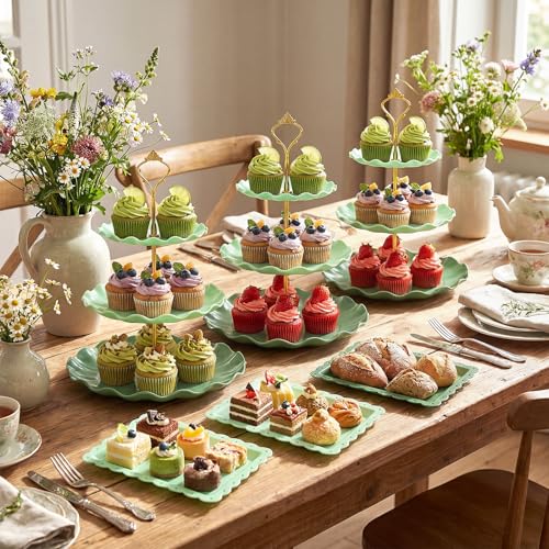 FoldTier 6 Pack Cupcake Stand Set 3 Pcs 3 Tier Gradient Dessert Table Display Stands Cookie Tray Rack 3 X14 in Rectangle Party Trays for Wedding Birthday Tea Party Baby Shower(Green,Round) - color: Green, style: Round