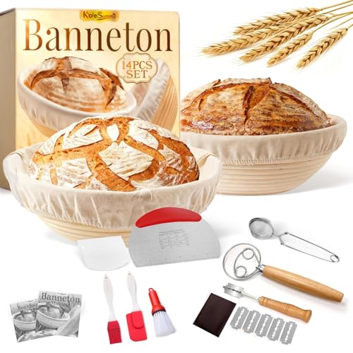 Banneton Bread Proofing Baskets Set Sourdough Starter Kit Sourdough Bread Baking Supplies Making Tools With 9 inch Round Proofing Baskets, Dough Scraper, Whisk, Lame, Recipe - color: Sourdough Starter Kit, size: Sourdough Starter Kit