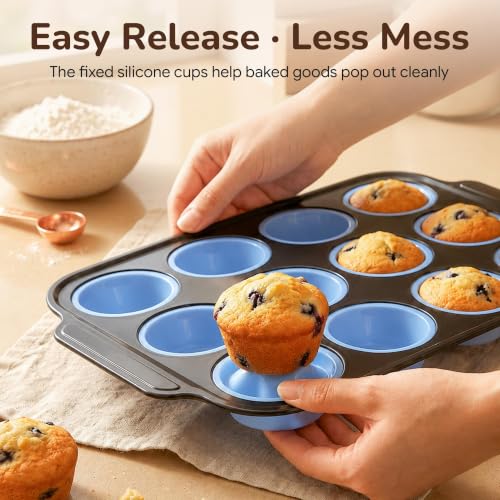 Silicone Muffin Pans for Baking, 12-Cup Muffin Tin with Metal Frame - color: Blue
