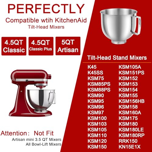 5QT Mixer Bowl for all KitchenAid 4.5-5QT Tilt-Head Stand Mixers - size: 5QT