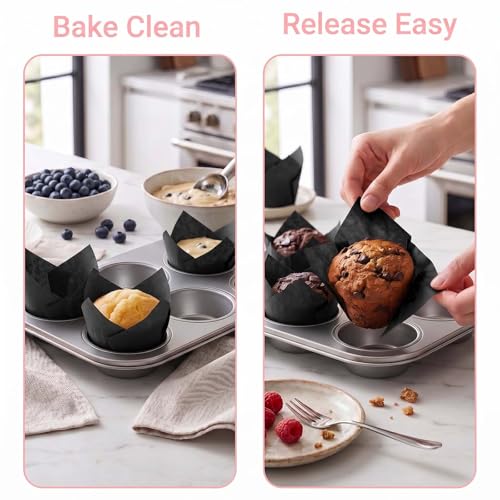 200 Pcs Black Tulip Cupcake Liners for Baking, Standard Size - color: Black