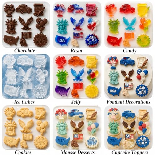 2 Pack Independence Day Silicone Molds, 9-Cavity 4th of July Theme Chocolate Molds Shape Tray for Jello, Mini Cakes, DIY Desserts, Candy, Ice, Pudding, Baking Resin Craft Decor
