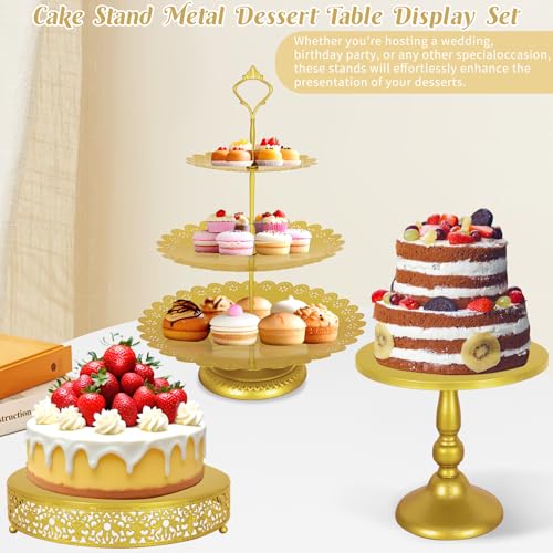 Fivenl 8 Pcs Cake Stand Gold Metal Dessert Table Display Set, 3-Tier Cupcake Stand, Cake Display Tower and Cookie Tray Rack Serving Tray for Birthday Party, Weddings, Baby Shower (Gold) - color: Gold