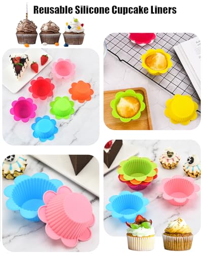 24 Pcs Silicone Muffin Liners with Tabs, Reusable Cupcake Liners for Steel Muffin Pan, Non-Stick Baking Cups (24Pcs-6Colors)