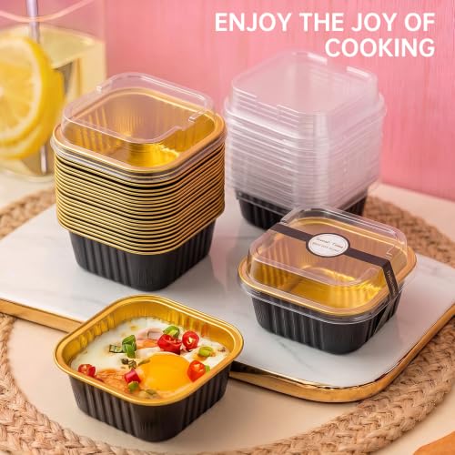 Mini Cake Pans with Lids, Aluminum Foil Cupcake Baking Cups - 10oz 60 Pack - color: Black, size: Square - 10oz