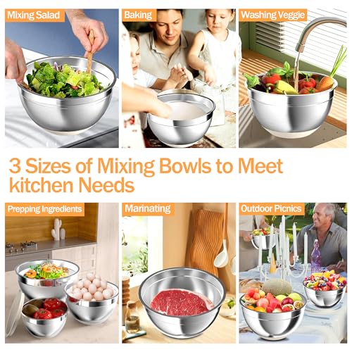 Nicdiet Mixing Bowls with Airtight Lids, Stainless Steel Mixing Bowl Set with 3 Metal Nesting Bowls, Colander & Grater, Non-Slip Bottoms, Size 1.5, 2.5, 5 QT, Great for Mixing & Serving, Khaki - color: Khaki