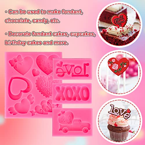 Whaline 4Pcs Valentine's Day Fondant Molds Heart Rose Truck Pattern 3D Silicone Mould Love XOXO Resin Mold Cupcake Cookie Baking Decorating Mould for Wedding Anniversary Mother's Day DIY Candy - style: Valentine's Day