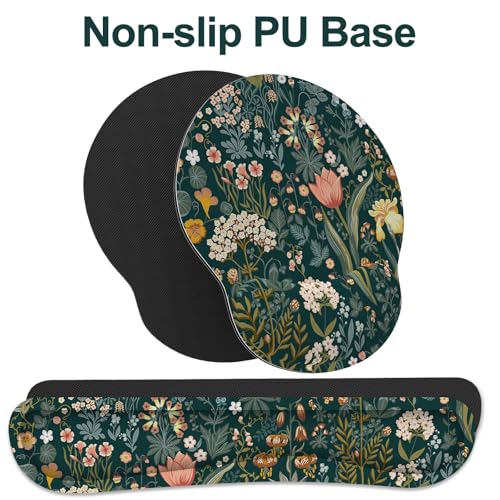 Ergonomic Mouse Pad with Wrist Rest and Keyboard Wrist Rest, Mousepad - color: Green Flowers