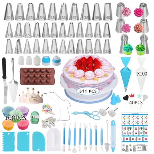 Cake Decorating Supplies Kit,310 PCS Baking Supplies Set with Icing Piping Tips & Russian Nozzles with Pattern Chart,Piping Bags,Mother’s Day Gift - size: 511 PCS