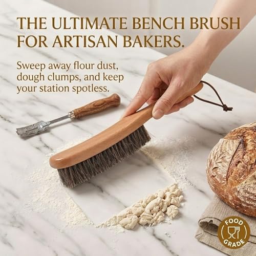 Sourdough Bread Proofing Basket Cleaning Brush, 100% Horse Hair Flour Brush with Ergonomic Beech Wood Handle, Professional Bench Brush for Baking, Banneton, Pastry Cloth & Countertop Cleaning