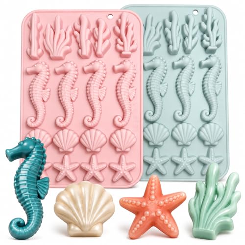 2 Pack Marine Theme Cake Silicone Mold Ocean Silicone Mold Ocean-Themed Baking Molds with Seahorse Starfish Seashell Coral Designs for Chocolate Candy Handmade Soap Resin Epoxy Fondant Ice Cube DIY - size: 17 Cavity