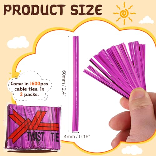 HARFINGTON 1600Pcs Bag Twist Ties 2.4" Reusable Metallic Wire Cable Ties - color: Rose Red