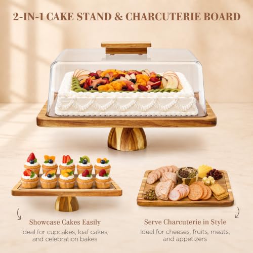 Cake Stand, 2 in-1 Cake Stand with Lid, 16” x 12.4” Acacia Wood Cake Holder