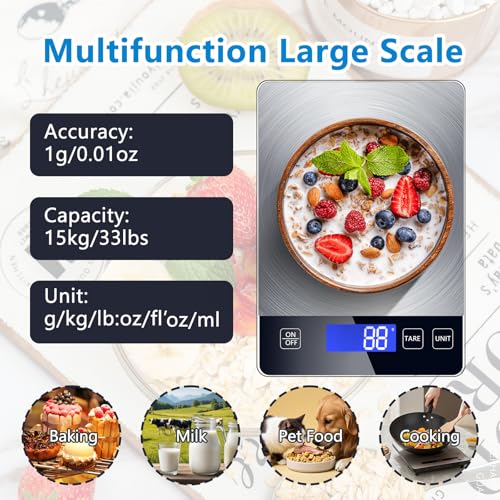 Food Kitchen Scale, Digital Food Scale 33lb Digital Kitchen Scale Precisely Measures Grams and Ounces for Meal Prep Baking and Cooking, 304 Stainless Steel Kitchen Scale LCD Display - style: Battery_33lbs_silver