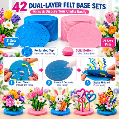 850Pcs Pipe Cleaner Crafts Kit w/ Felt Bases & Glue Gun, ASMR DIY Flowers - color: Rainbow