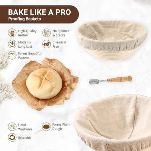 Sourdough Starter Kit | 34Oz Sourdough Bread Baking Supplies - Banneton Bread Proofing Basket, Sourdough kit Included 1x Bread Proofing Basket, Thermometer - Easy to Clean Banneton Basket