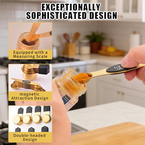 15PCS Gold Plated 304 Stainless Steel Measuring Cup & Spoon Set, Magnetic Silicone Baking Tools, Measuring Stand Included, Precise Scale, Easy Clean & Storage, for Baking & Cooking