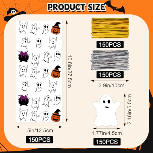 150PCS Halloween Ghost Cellophane Treat Bags, Clear Halloween Candy Bags