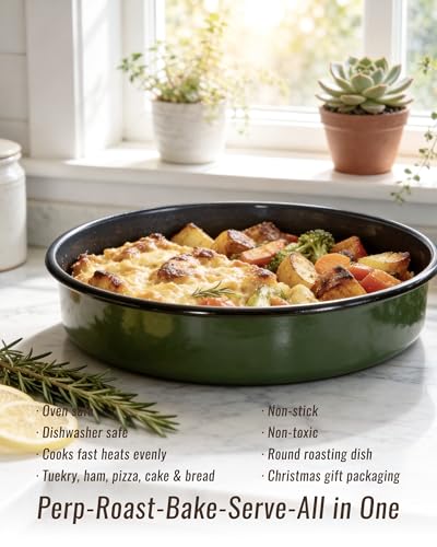 Round Turkey Roasting Pan Set of 4, Enamel Deep Dish Pizza Baking Pan - color: Green