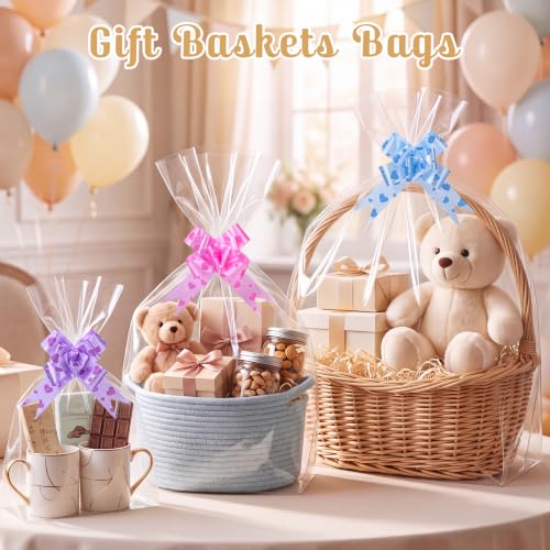 woric 3 Size Clear Cellophane Gift Bags 24x30 16x24 12x18in with Pull Bows - size: 3 Size(24x30 16x24 12x18in)