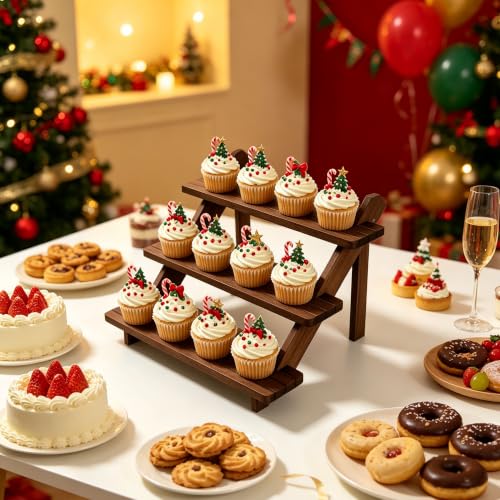 Wood Display Stand 3 Tiered Cupcake Dessert Display Snack Stepped Rack Wooden Tiered Cookie Display Table Trays Food Display Risers for Christmas Party Vendor Wedding Farmhouse Decor (3 Tier) - size: 3-Layer Cake Rack
