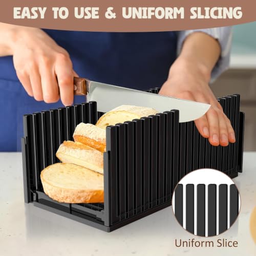 Bread Slicer for Homemade Bread,Adjustable Thickness Slicing Guide,Foldable Portable Bread Cutter Suitability for Homemade Breads,Bagel,Cakes-Kitchen Gadget,Baking Tool & Gift for Mother Father(Black) - color: Black