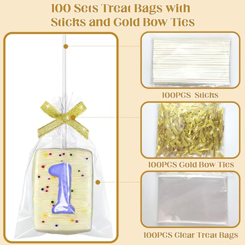 100 Sets Clear Rice Crispy Treat Bags 4x6in with Sticks and Ties Gold Bow