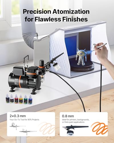 VEVOR Airbrush Kit, 1/6 HP, Air Brush Kit with Air Compressor, 3 Dual-Action Professional Airbrushes with 3 Tips, Hose, Acrylic Paint, 2 Fans, Low Noise, for Cake Decorating, Model Painting, Nail Art - color: 6 Colors Set