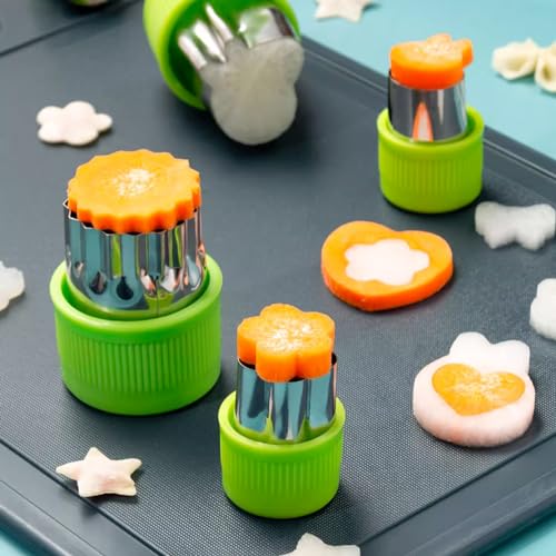 Fruit and Vegetable Cutter Stamp Set 9 Pieces - Love Heart, Star, Flower, Rabbit, Bear, Strawberry, Lace, Mushroom Shapes - Green Mini Pie Cookie Biscuit Mold for Baking