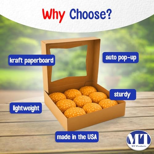 MT Products Kraft Bakery Boxes 9" x 9" x 2.5" - Auto Pop-Up Pie or Cake Boxes with Window (Pack of 200) - Made in the USA - color: Brown