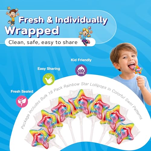18 Pcs Individually Wrapped Rainbow Star Lollipops Swirl for Kids Goody Bag - style: Star