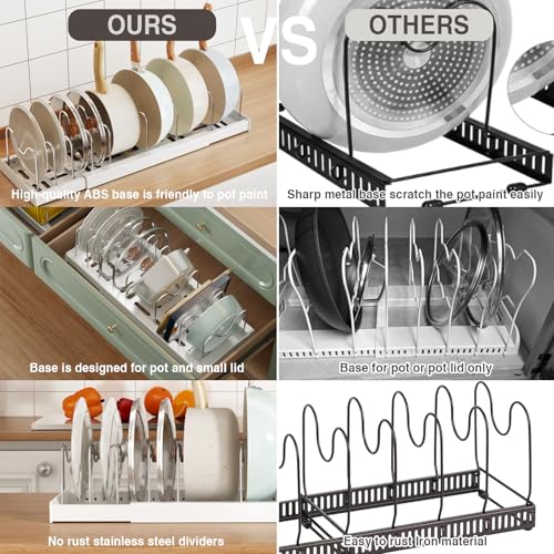 Magheo 2 Pack Expandable Food Storage Container Lid Organizers, 22" Pots and Pans Organizer Under Cabinet with 9 Adjustable Dividers Pot and Pan Lid Holders Rack Inside Cabinet(White) - color: White, size: (2 Pack)22.4"D x 7.9"W x 6.3"H
