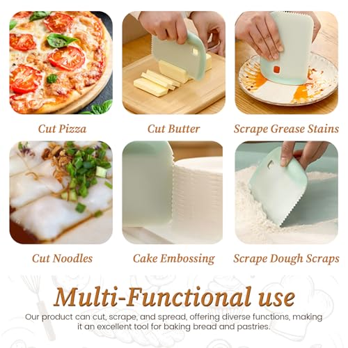 2 Pack Dough Bench Scraper Good Grip, Flexible Silicone Bowl Scraper Tool Kitchen, 3 In 1 Dough Cutter with Serrated Tooth & Measurement for Pastry Bread Pizza Cake
