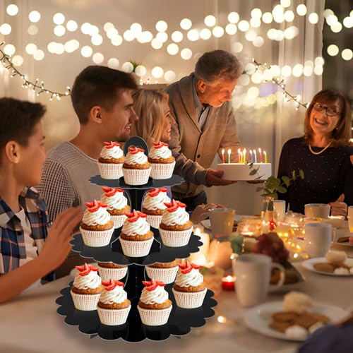 Cupcake Stand Black 3-Tier 2-Pack, Cardboard Dessert Display Tower - color: Black 2 Pack