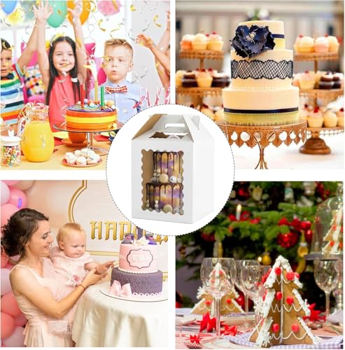 3 Pack 12in Tall Cake Boxes for Tier Cakes, 12x12x14 Inch Tiered Cake Box,Tall Cake Carrier with Window, 10in 12in Large Tierd Bakery Take Out Transport Containers with Handle - color: 12x12x14in-3P