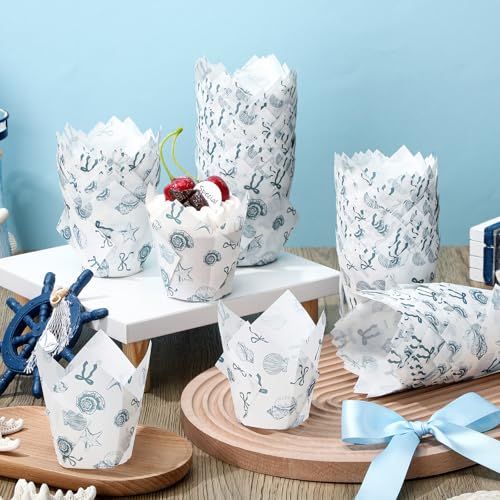 200 Pcs Blue Coastal Tulip Cupcake Liners, Ocean Shell Starfish