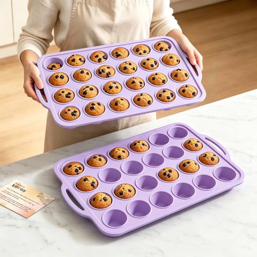 Purple Mini Silicone Muffin Molds: 2 Pack 24 Small Cupcake Mold for Baking - color: Purple, size: Mini: 24 Cup