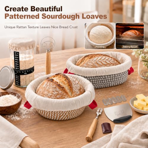 Sourdough Starter Kit Gift Set – 21Pcs Complete Baking Tools with 22oz Jar, Oval Banneton Basket, Dough Whisk, Bread Lame & Silicone Liners, Perfect for Artisan Home Bakers