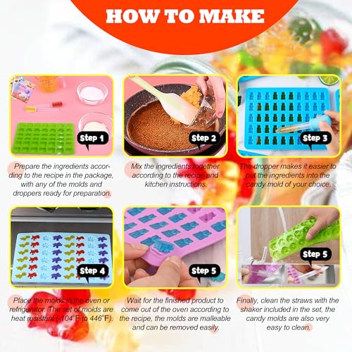 112PCS Mega Silicone Gummy Candy Molds Kit with 4 Droppers & 2 Brushes | BPA Free Non-Stick Molds 20 Shapes (Dinosaur/Donut/Fruit), Storage Box & 100 Wrappers - color: Orange