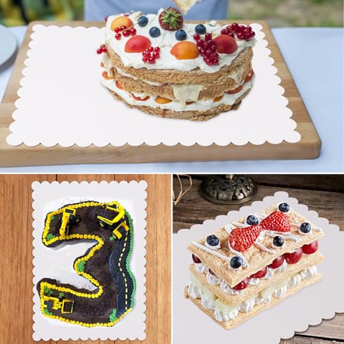 50 Pcs White Cake Boards, 14 x 10 Inch Rectangular Cardboard Cake Base, Scalloped Edges, Disposable Paper Cake Board for Elegant Dessert Presentation & Versatile Use - size: 50 Pcs White 14 x 10 Inch Rectangular