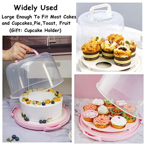 Cake Carrier Round Cake Stand Plus Height Cake Container with Cupcakes Pad, Handle, Lid Reusable Package Box for Transporting Desserts,Pie,Toast,Fruit - color: 10 inch Pink