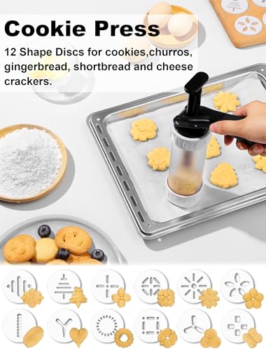 Cookie Press Set, Churro Maker with 12 Discs and 10 Cake Decorating Tips, Cookie Press for Biscuit and Churro, White