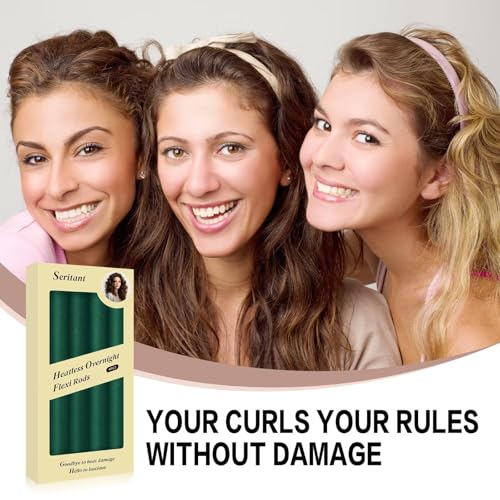 Seritant Heatless Curls Overnight with Satin Head Scarf, Velvet Hair Rollers for Blowout Look, No Heat Curling Rod for Long Thick Hair, Soft Sleep In Flexi Rods - color: Everglade Green