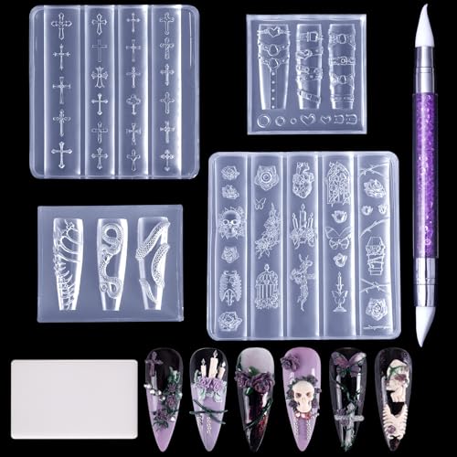 Laza 4pcs Gothic Silicone Nail Art Molds 3D Skull Rose Shaped Nail Molds - color: Skull rose