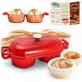 DIY Double Dutch Oven for Sourdough Bread Baking – Enamel Cast Iron Bread Baker with Lid, Bake Two Different Loaves at Once, 500°F Oven Safe, Includes 2×6" Banneton Proofing Baskets - color: Red