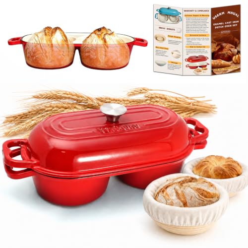 DIY Double Dutch Oven for Sourdough Bread Baking – Enamel Cast Iron Bread Baker with Lid, Bake Two Different Loaves at Once, 500°F Oven Safe, Includes 2×6" Banneton Proofing Baskets - color: Red