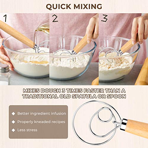 Danish Dough Whisk Bread Mixer 2 Pack | Premium Stainless Steel Dutch Whisk With a Dough Scraper for Bread, Pastry or Pizza Dough - Perfect Baking