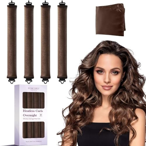 Heatless Curls Overnight Hair Curlers - 4 Pcs No-Heat Curling Rod to Sleep In,Velvet Hair Rollers with Satin Wrap - color: Brown(Pack of 4)