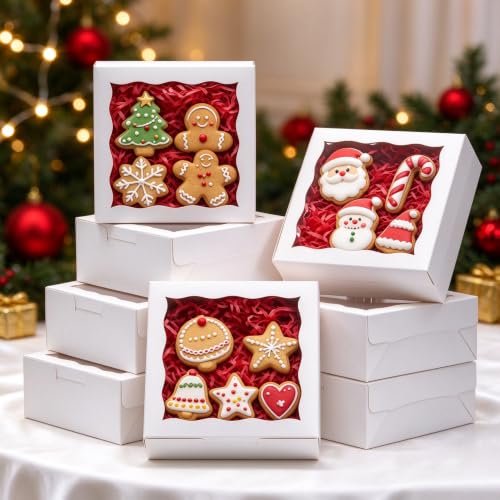 50pcs Cookie Boxes 5x5x2.5 Inch Bakery Boxes with Window Treat Box - color: White